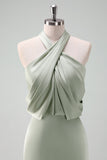 Dusty Sage Sheath Halter Ruched Satin Long Bridesmaid Dress