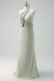 Dusty Sage Sheath Halter Ruched Satin Long Bridesmaid Dress