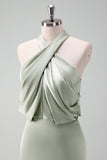 Dusty Sage Sheath Halter Ruched Satin Long Bridesmaid Dress