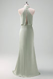 Dusty Sage Sheath Halter Ruched Satin Long Bridesmaid Dress