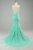 Mint Mermaid Spaghetti Straps Long Prom Dress with Appliques