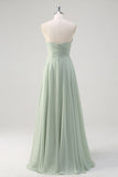 Matcha A Line Strapless Ruched Chiffon Backless Long Bridesmaid Dress