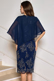 Sheath Tea Length Floral Navy Mother of the Bride Dress with Wrap