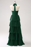 Dark Green A Line Halter Tiered Chiffon Long Bridesmaid Dress with Flower