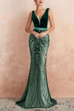 Black Mermaid Deep V Neck Sequins Floor Length Dress