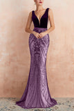 Glitter Burgundy Mermaid Deep V Neck Sequins Long Prom Dress with Open Back