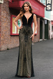 Sparkly Black Mermaid Deep V-Neck Open Back Long Prom Dress