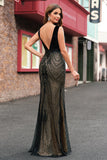 Sparkly Black Mermaid Deep V-Neck Open Back Long Prom Dress