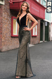 Sparkly Black Mermaid Deep V-Neck Open Back Long Prom Dress