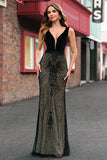 Sparkly Black Mermaid Deep V-Neck Open Back Long Prom Dress