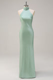 Agave Sheath Halter Satin Floor Length Bridesmaid Dress with Open Back