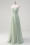 Matcha A Line Strapless Ruched Chiffon Backless Long Bridesmaid Dress