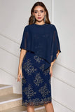 Sheath Tea Length Floral Navy Mother of the Bride Dress with Wrap