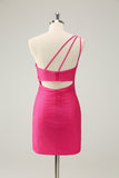 Unique Hot Pink One Shoulder Pleated Short Tight Homecoming Dress