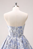 Cute Blue A Line Sweetheart Print Corset Short Homecoming Dress with Ruffles