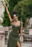 Olive  A Line Spaghetti Straps Corset Floor Length Dress with Slit