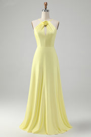 Stylish Yellow A Line Halter Pleated Long Bridesmaid Dress with Flower