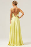 Yellow A Line Halter Backless Floor Length Bridesmaid Dress with Flower