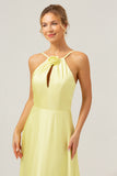 Yellow A Line Halter Backless Floor Length Bridesmaid Dress with Flower