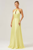 Yellow A Line Halter Backless Floor Length Bridesmaid Dress with Flower