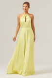 Yellow A Line Halter Backless Floor Length Bridesmaid Dress with Flower