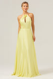 Yellow A Line Halter Backless Floor Length Bridesmaid Dress with Flower