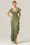 A Line V Neck Asymmetrical Olive Bridesmaid Dress with Ruffle Slit