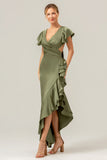 A Line V Neck Asymmetrical Olive Bridesmaid Dress with Ruffle Slit