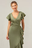 A Line V Neck Asymmetrical Olive Bridesmaid Dress with Ruffle Slit