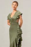 A Line V Neck Asymmetrical Olive Bridesmaid Dress with Ruffle Slit