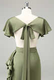 Elegant Olive A Line V Neck Short Sleeves Asymmetrical Bridesmaid Dress with Ruffles