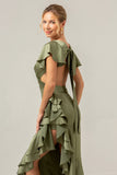 A Line V Neck Asymmetrical Olive Bridesmaid Dress with Ruffle Slit