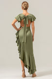 A Line V Neck Asymmetrical Olive Bridesmaid Dress with Ruffle Slit