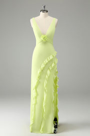 Lime A Line V Neck Floral Ruffle Open Back Bridesmaid Dress with Slit