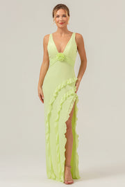 Lime Sheath V Neck Floral Open Back Bridesmaid Dress with Ruffle Slit