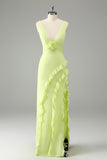 Lime A Line V Neck Floral Ruffle Open Back Guest Dress with Slit