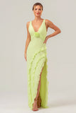 Lime Sheath V Neck Floral Open Back Bridesmaid Dress with Ruffle Slit