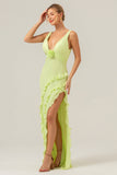 Lime Sheath V Neck Floral Open Back Bridesmaid Dress with Ruffle Slit