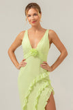 Lime Sheath V Neck Floral Open Back Bridesmaid Dress with Ruffle Slit