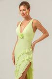 Lime Sheath V Neck Floral Open Back Bridesmaid Dress with Ruffle Slit