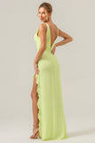 Lime Sheath V Neck Floral Open Back Bridesmaid Dress with Ruffle Slit