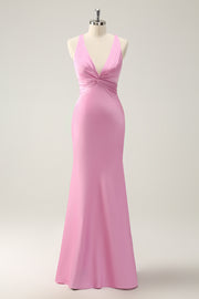 Elegant Pink Mermaid Deep V Neck Long Bridesmaid Dress with Lace Up Back