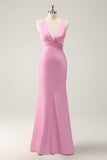 Elegant Pink Mermaid Deep V Neck Pleated Backless Maxi Dress with Lace Up Back