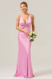 Pink Mermaid Deep V Neck Ruched Long Bridesmaid Dress with Lace Up Back