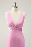 Elegant Pink Mermaid Deep V Neck Long Bridesmaid Dress with Lace Up Back