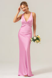 Pink Mermaid Deep V Neck Ruched Long Bridesmaid Dress with Lace Up Back