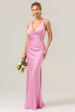 Pink Mermaid Deep V Neck Ruched Long Bridesmaid Dress with Lace Up Back