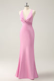 Elegant Pink Mermaid Deep V Neck Long Bridesmaid Dress with Lace Up Back