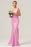 Pink Mermaid Deep V Neck Ruched Long Bridesmaid Dress with Lace Up Back