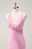 Elegant Pink Mermaid Deep V Neck Long Bridesmaid Dress with Lace Up Back